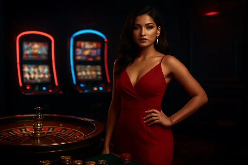 Elegant Casino Banner Beautiful woman in red dress posing confidently near roulette and slot machines in luxury Bangladesh casino with neon lights and gold coins