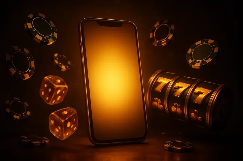 Casino Promo Banner Glowing smartphone surrounded by casino chips, slot reels, and dice with gold accents on a dark background